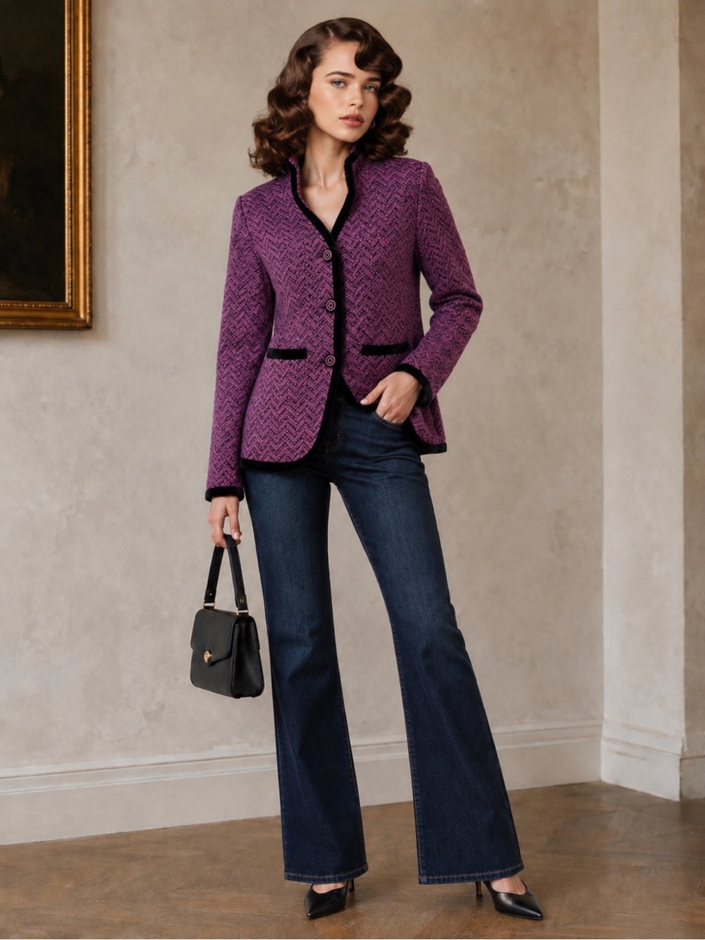Vintage Icelandic Designs Purple Herringbone Knit Cardigan | Black Velvet Trim